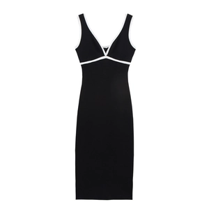 Elegant sleeveless V-neck black midi dress with white scallop lace trim for women