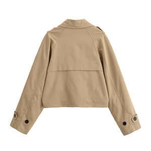 Back view of a khaki short trench jacket with storm flap and shoulder epaulettes