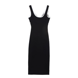 Slim fit black midi dress with contrast white lace trim and sleeveless design