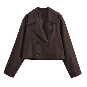 Fashionable dark brown cropped double-breasted trench jacket with epaulettes for women