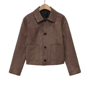 Women's Retro Brown Faux Suede Jacket Short Lapel Single Breasted Coat With Pockets Vintage Casual Outerwear