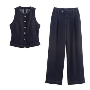 Damen Dunkelblau Denim Weste Und Hohe Taille Weites Bein Jeans Hose Streetwear Casual Mode Outfit