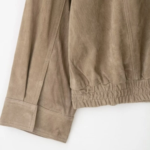 Fashionable khaki suede jacket with elastic hem and fine stitching details for women