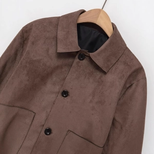 Classic dark brown suede jacket for women with lapel collar and button-down front style