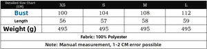 Detailed size guide table for women casual padded jacket in XS-L with CM measurements