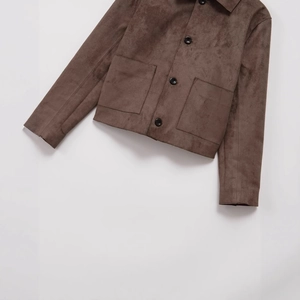 Classic brown suede jacket with turn-down collar and large utility pockets for women