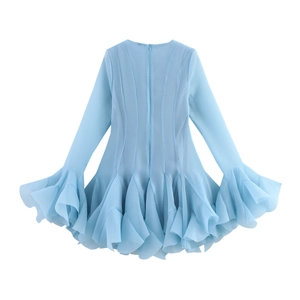 Detailed back view of light blue ruffle dress showing tiered sleeves and hidden zipper