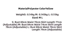 Detailed size chart for the yellow slim fit dress showing measurements in centimeters