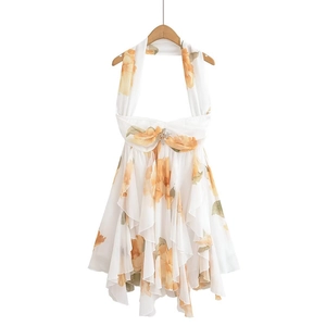 Robe Midi Femme Dos Nu Imprimé Floral Volants Asymétrique Chiffon Sexy Robe de Plage Vacances Avec Étoile de Mer Strass
