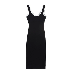 Slim-fit black midi dress with white lace trim on U-neckline and straps for women