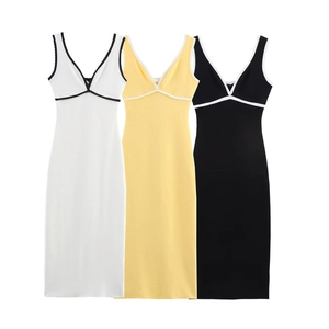 Three elegant sleeveless V-neck midi dresses with contrast wavy lace trim in various colors