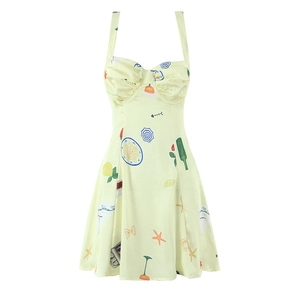 Slim fit pale yellow floral satin dress with vintage prints and sweetheart neckline
