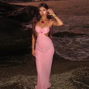 Sexy Rosa Rose 3D Blumen Ausschnitt Rückenfrei Maxi Kleid Für Damen Sommer Strand Urlaub Halter Spaghetti Träger Langes Kleid