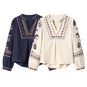 Camicetta da Donna Casual Etnica Boemia con Ricamo Scollo a V Manica Lunga Larga Poliestere Camicia a Fiori