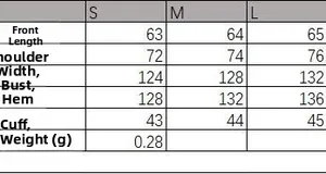 Detailed size chart for long fashion loose casual shirt showing S M L dimensions in cm