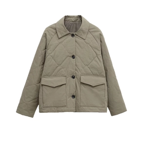 Women's olive green quilted cotton jacket with classic lapel and large pockets