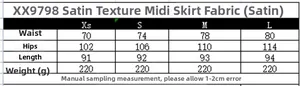 Size chart for French satin high-waisted midi skirt with waist and hip measurements