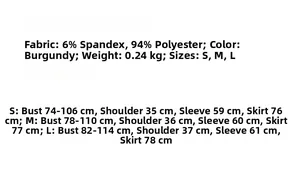 Size chart for women's wine red bow mini dress with bust, sleeve, and length details