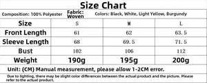 Detailed size chart for V-neck ruffled shirt showing S, M, L measurements in centimeters