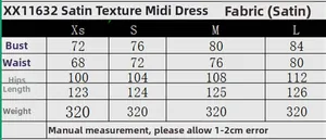 Detailed size chart for the women's satin midi dress with bust, waist and length measurements