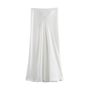 Detailed view of the smooth pearl white satin fabric and high-gloss texture of the long skirt