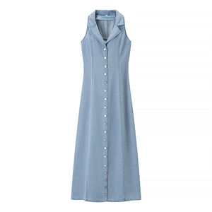 Close-up of sleeveless denim maxi dress with lapel collar and silver buttons