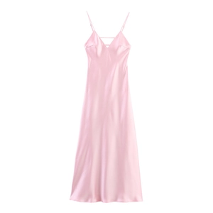 Detail of light pink satin camisole midi dress showing V-neck and horizontal chest straps