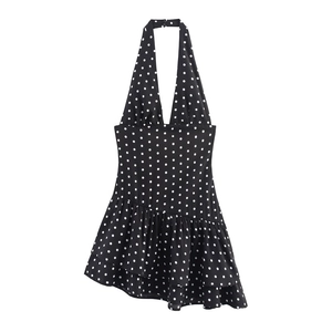 Vestito Midi da Donna Vintage a Pois Scollo All'americana Profondo a V Sexy Mesh Orlo a Volant Asimmetrico Senza Maniche Estivo Vacanza