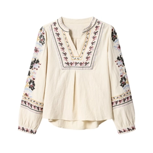 Camicetta da donna con scollo a V, maniche lunghe, ricami etnici e dettagli boho chic