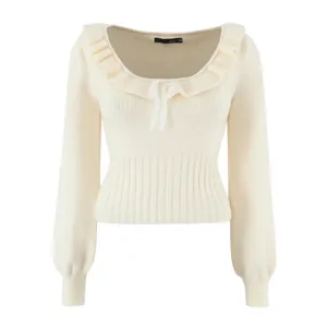 Women's Sweet Ruffle Round Neck Bow Knitted Sweater Long Sleeve Ribbed Hem Pullover Casual Soft Knit Jumper Fashion Top