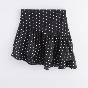 Elegante gonna midi a pois neri e bianchi con orlo a balze asimmetriche da donna