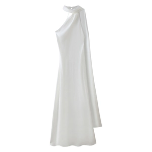 Detail view of the elegant white satin halter neck dress with a silky flowing scarf tie