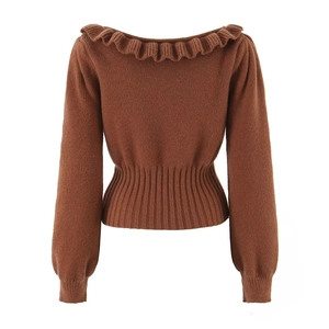 Back view of brown long sleeve knit sweater with ruffle collar and ribbed waist for women