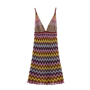 Robe Courte Bohème en Crochet pour Femmes Col en V Sans Manches Multicolore Motif Chevron Plage Vacances Streetwear