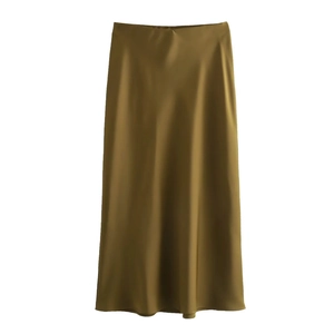 Detailed view of olive green satin maxi skirt showing high waist and silky fabric texture