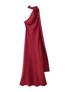 Detail view of red satin fabric texture and elegant halter neckline on the formal maxi dress