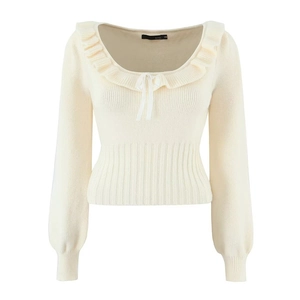 Chic cream long sleeve knit sweater with ruffle collar and delicate ribbon bow detail