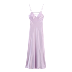 Detail of lavender satin slip dress featuring adjustable straps and deep V-neckline