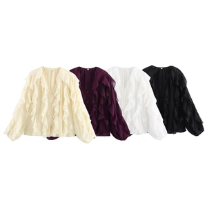 Detail of multi-layered ruffles and V-neckline on four-color chiffon shirts