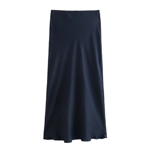 Detailed view of dark blue satin midi skirt featuring elegant high waist and silky texture