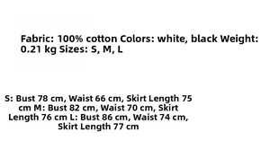Size chart for backless mini dress in white and black, detailing 100% cotton fabric specs