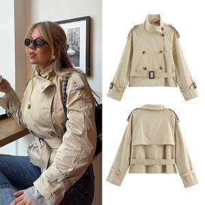 Women Short Trench Coat Double Breasted Khaki Jacket With Belt Lapel Collar Long Sleeve Fashion Streetwear Outerwear