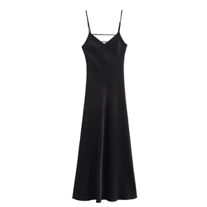 Detailed view of the smooth satin fabric and delicate strappy V-neckline of a black maxi dress
