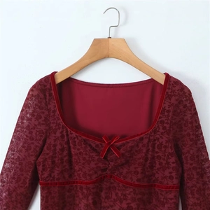 Elegant deep red lace long sleeve dress featuring square neckline and velvet bow details
