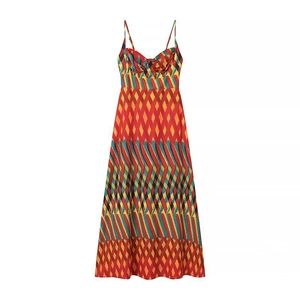 Chic multi-color geometric print long maxi dress with thin straps for beach vacation