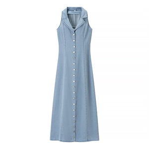 Women Sexy Light Blue Denim Maxi Dress Sleeveless Lapel Single Breasted A-Line Retro Summer Washed Long Denim Outfit