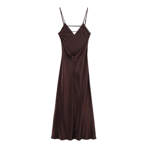 Detail view of the deep chocolate brown satin dress featuring a low V-back and thin straps