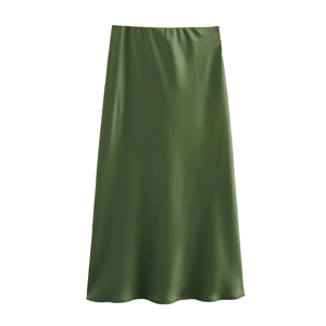 Detailed view of the smooth olive green satin texture on high waist midi skirt