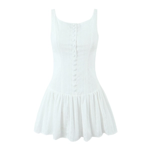 Sexy Backless Square Neck Mini Dress French Style Sleeveless Cotton Embroidery Ruffle Hem Single Breasted Camisole Dress