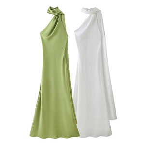 Slim fit satin halter neck dress with sash detail in olive green and white colors